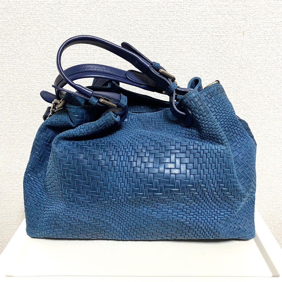 【ほぼ新品】 かねまつ メッシュ ショルダーバッグ ブルー 2way イタリア製