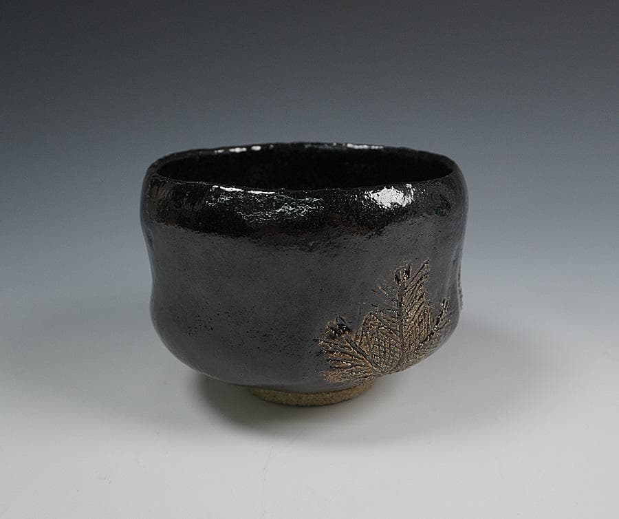 清水焼 清楽 若松の絵 黒楽茶碗 銘「千年翠」若松絵 黒茶碗 書付箱 共箱