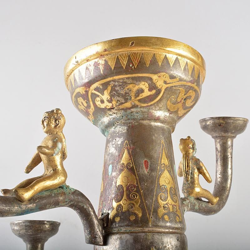 中国　古銅　金象嵌神獣人物文　燭台　蝋燭立　D　R5281B