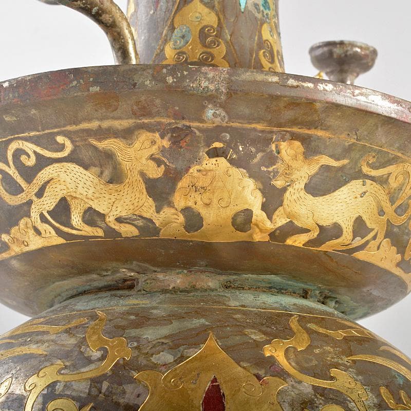 中国　古銅　金象嵌神獣人物文　燭台　蝋燭立　D　R5281B