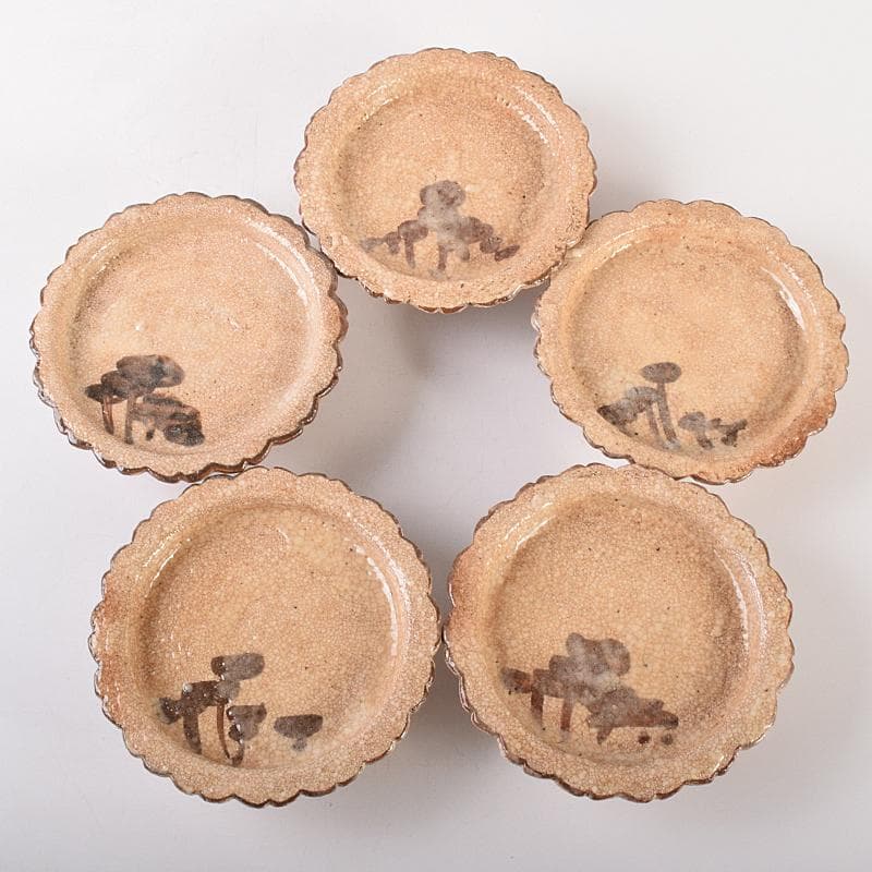 和食器　志野焼　絵志野　松文　雪輪形　菓子皿　五客　在銘　共箱　D　R7842